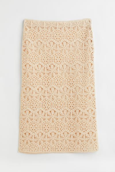 Fitted, calf-length skirt in soft, crochet-look fabric. High waist, concealed, elasticized waistb... | H&M (US + CA)