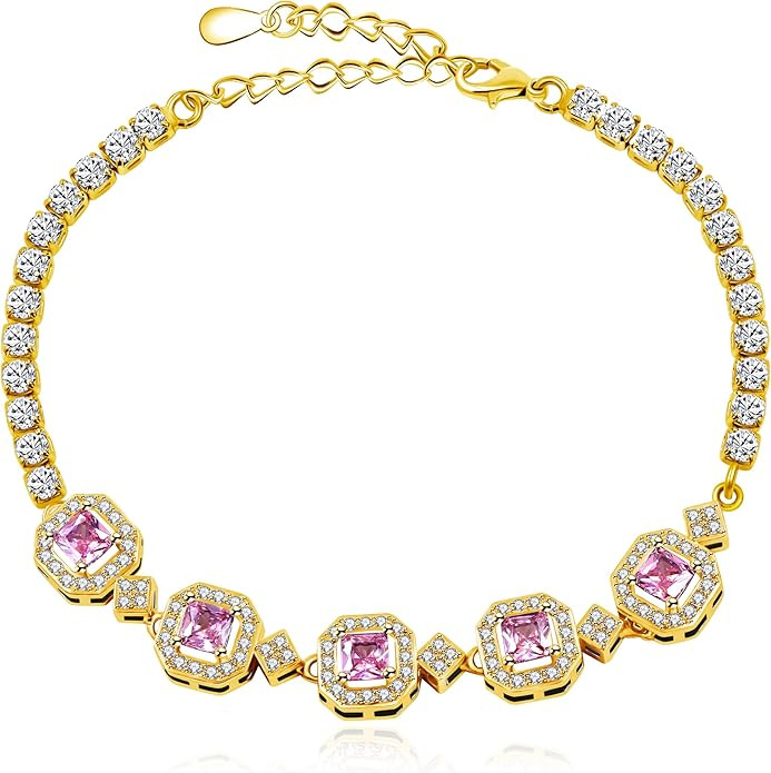 Dainty 5 Birthstone Bracelet Square & Round Cubic Zirconia Adjustable Tennis Bolo Bracelets for W... | Amazon (US)