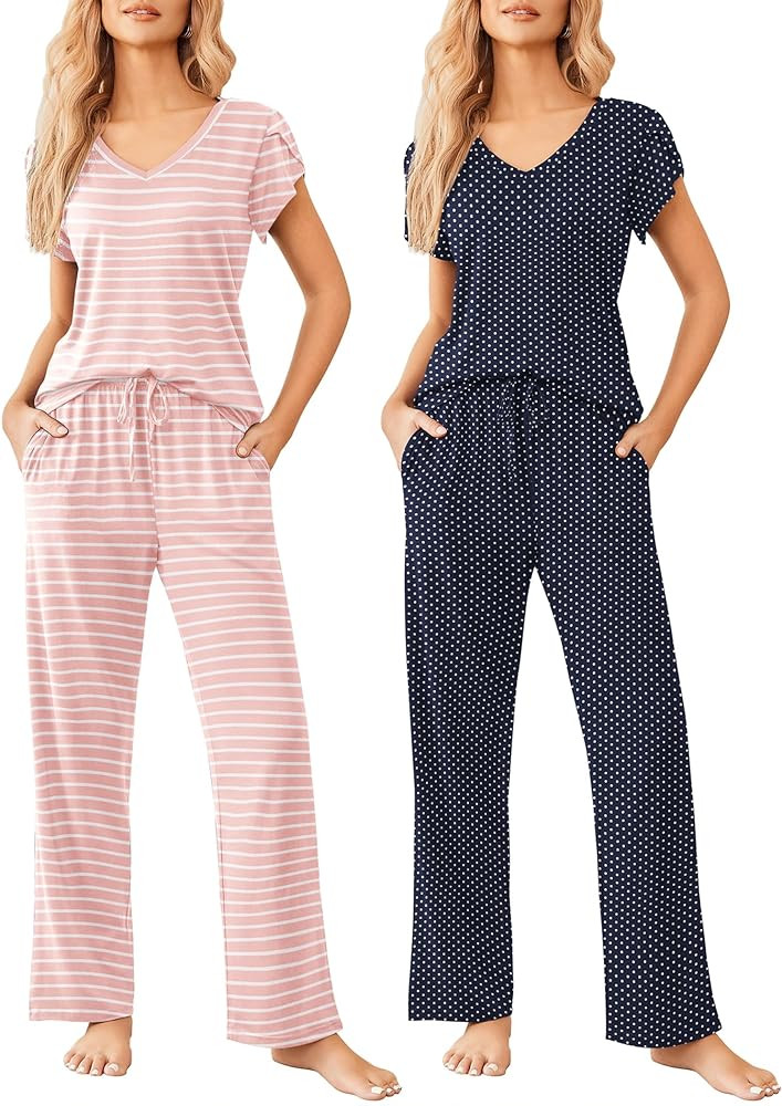 Ekouaer 2 Pack Womens Pajamas Short Sleeve Sleepwear Top with Pants Super-Soft Printed Lounge Set... | Amazon (US)