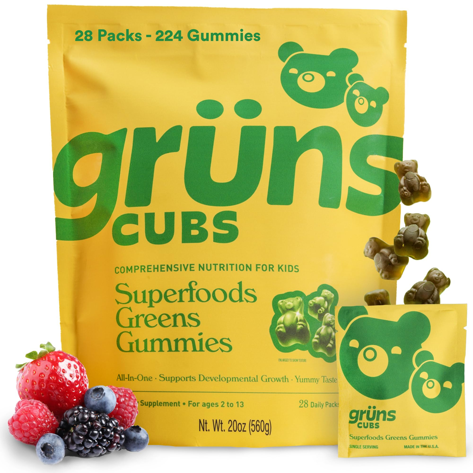 Gruns Kids Vitamins, Super Greens Gummies - Superfood Gummy Bears with Spirulina, Chlorella, Preb... | Amazon (US)