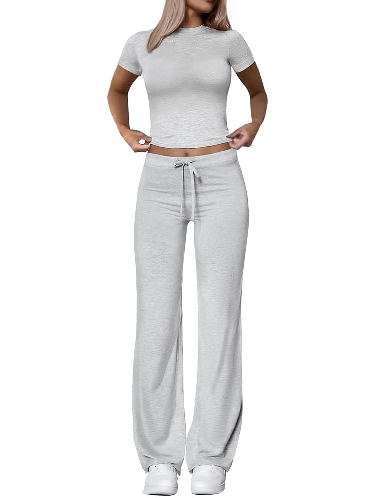 Two Piece Lounge Sets for Women Wide Leg Pants Short Sleeve Crop Tops Y2k Matching Sets Travel Ou... | Amazon (US)