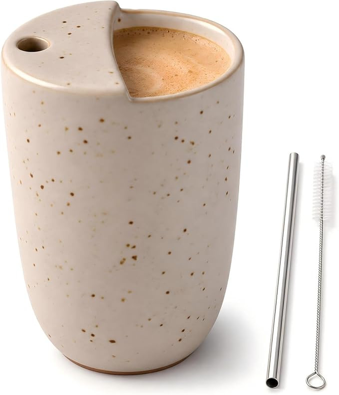 1 Pack Ceramic Coffee Mug with Sip Hole Straw, Beige | Amazon (US)