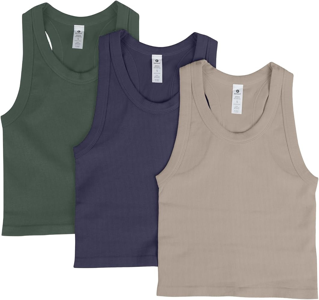 90 Degree By Reflex Womens Seamless Tank Ribbed Fitted Racerback Waist-Length Top 3 Pack | Amazon (US)