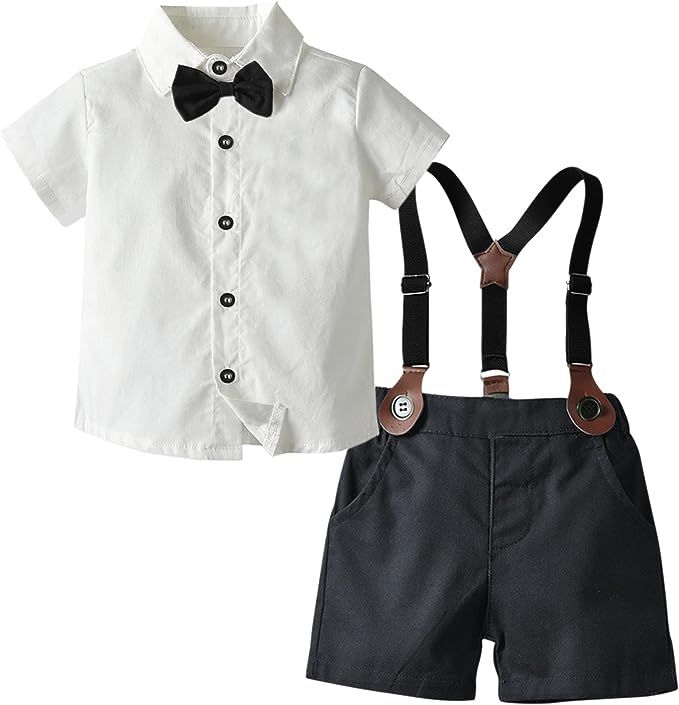 SANGTREE Baby Boys Gentleman Suit Clothes, Dress Shirt with Bowtie + Suspender Shorts | Amazon (US)