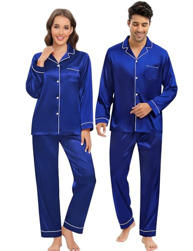 DIKFA Silk Matching Pajama Set for Women Silk Satin Pjs Long Sleeve Button-up Loungewear Two-Piece Sleepwear Silky PJS Set Navy Blue | Amazon (US)