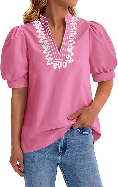 Cicy Bell Womens Puff Short Sleeve Blouses Summer Casual Dressy Embroidered V Neck Tops Loose Fit... | Amazon (US)