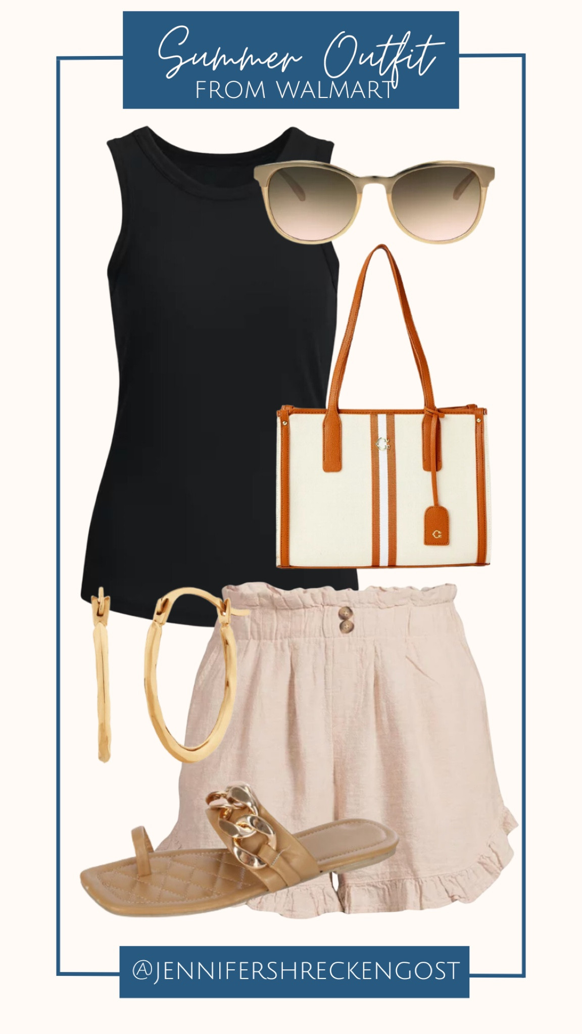 Summer outfit from Walmart! Items include a black tank top, a nude pair of linen shorts, a gold pair of hoops, a tote bag, nude sunglasses and nude sandals! 

#LTKstyletip #LTKunder100 #LTKSeasonal