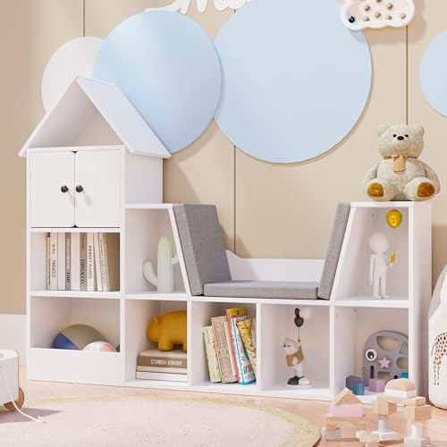 Cozy Castle 56.9" Wooden Kids Bookshelf with Reading Nook, Kids Bookcase with Detachable Cushions,Toy Storage Organizer with 9 Cubes and 2 Doors for Bedroom, Playroom, White | Amazon (US)