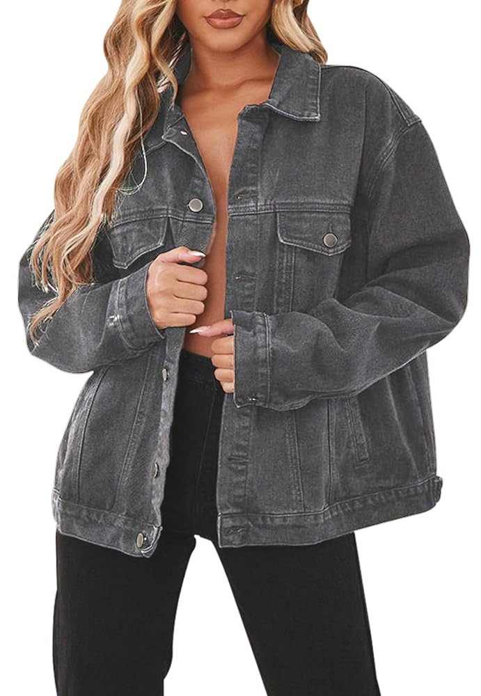 DvaeMalligo Women's Oversized Denim Jacket Casual Long Sleeve Button Down Distressed Trucker Jean... | Amazon (US)