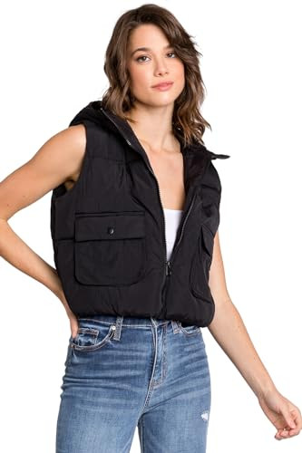 Love Tree Women's Juniors Water Resistant Synthetic Down Puffer Vest (Black-D, Large) | Amazon (US)