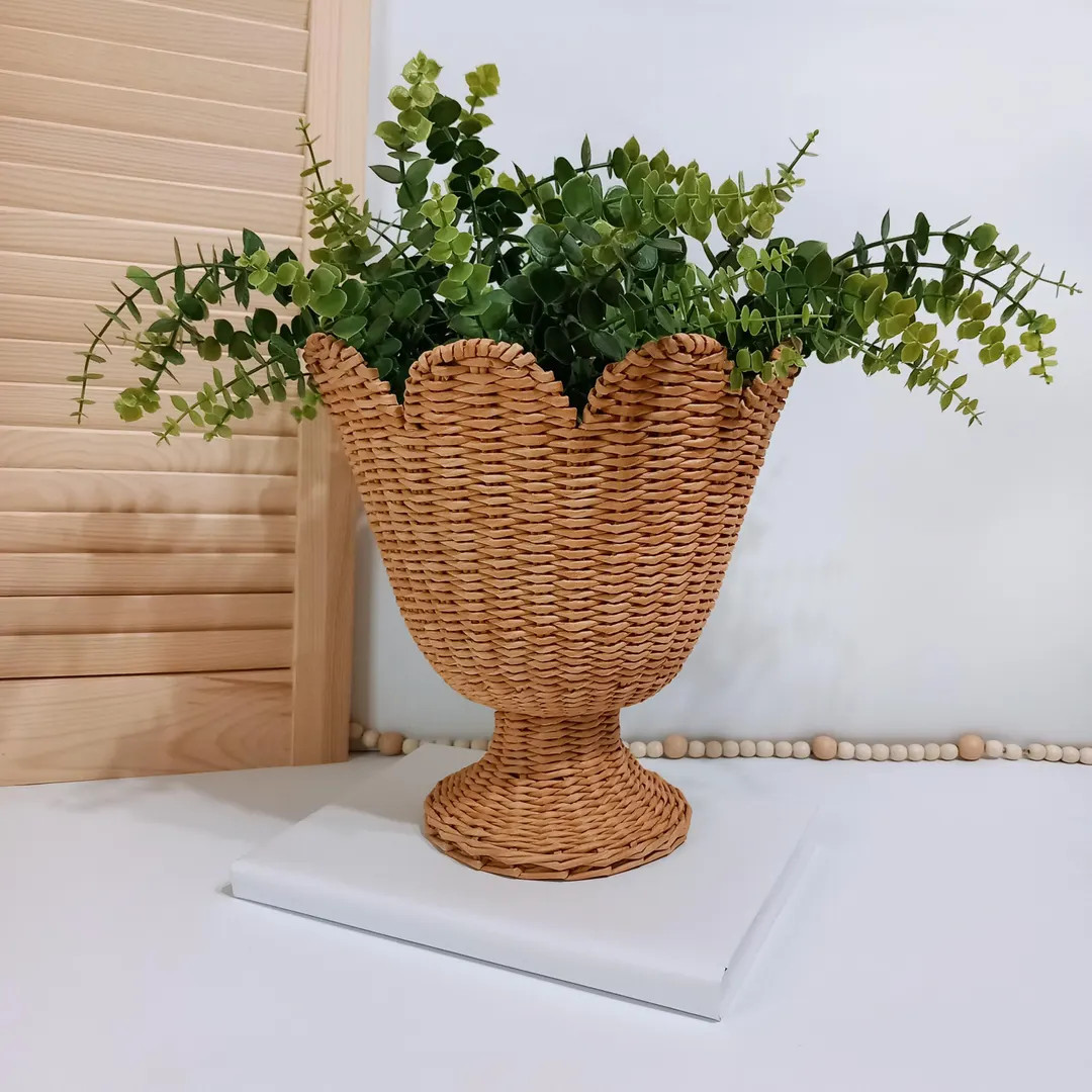 Scalloped Wicker Urn Planter Vase: Table Centerpiece Boho Basket - Etsy | Etsy (US)