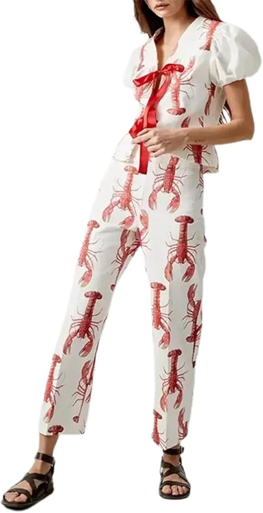 Women Y2k 2 Piece Tie Front Pajamas Set Puff Short Sleeve Lobster Print Lace Up Tops with Pants S... | Amazon (US)