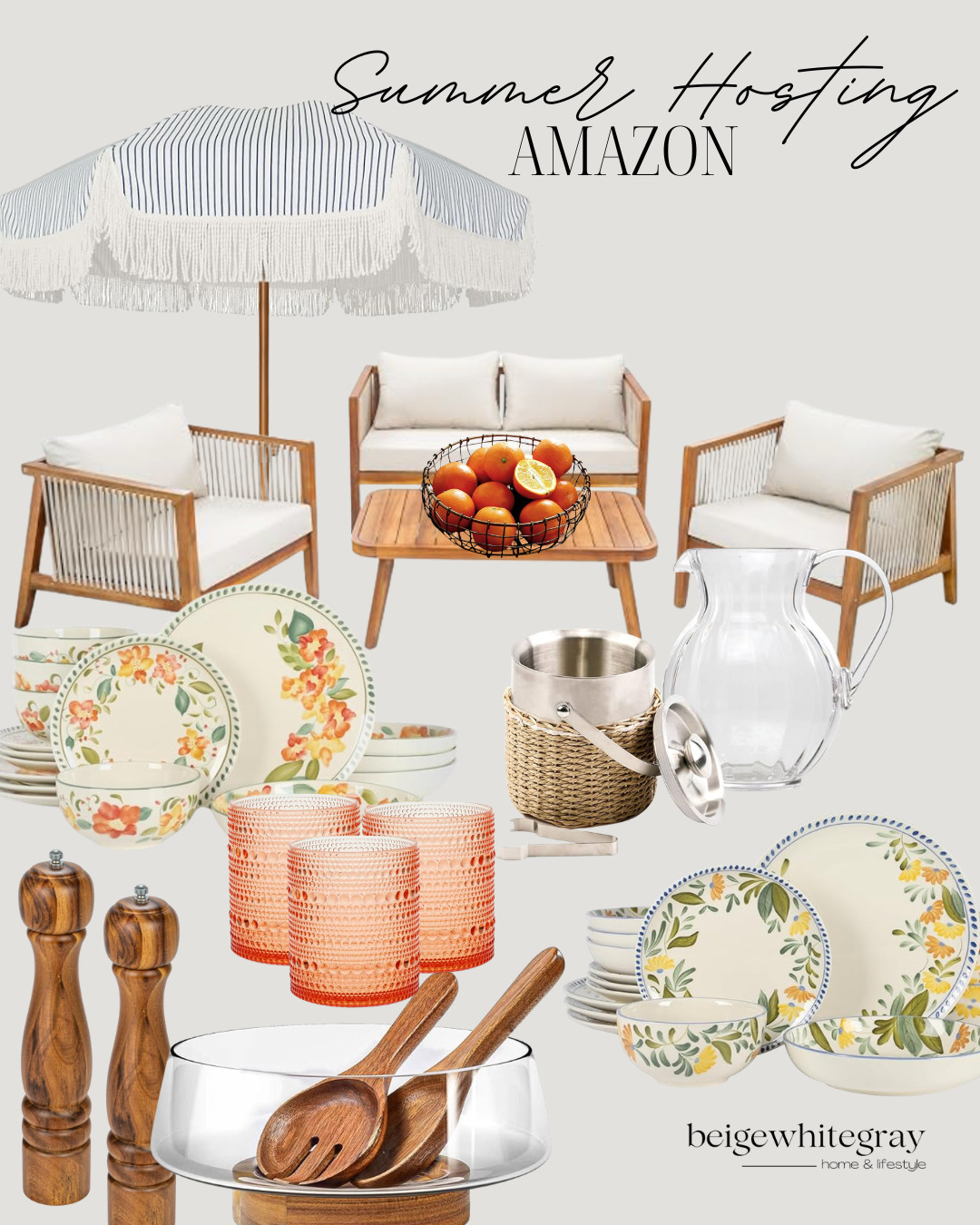 Summer hosting ideas, Amazon hosting essentials, outdoor entertaining, patio furniture, outdoor conversation set, striped patio umbrella, floral dinnerware, outdoor dining, summer tablescape, acrylic pitcher, ice bucket, drink bucket, wooden salad bowl, serving utensils, pink drinking glasses, wooden pepper mills, entertaining essentials, backyard entertaining, patio decor, Amazon outdoor finds

#LTKSeasonal #LTKHome