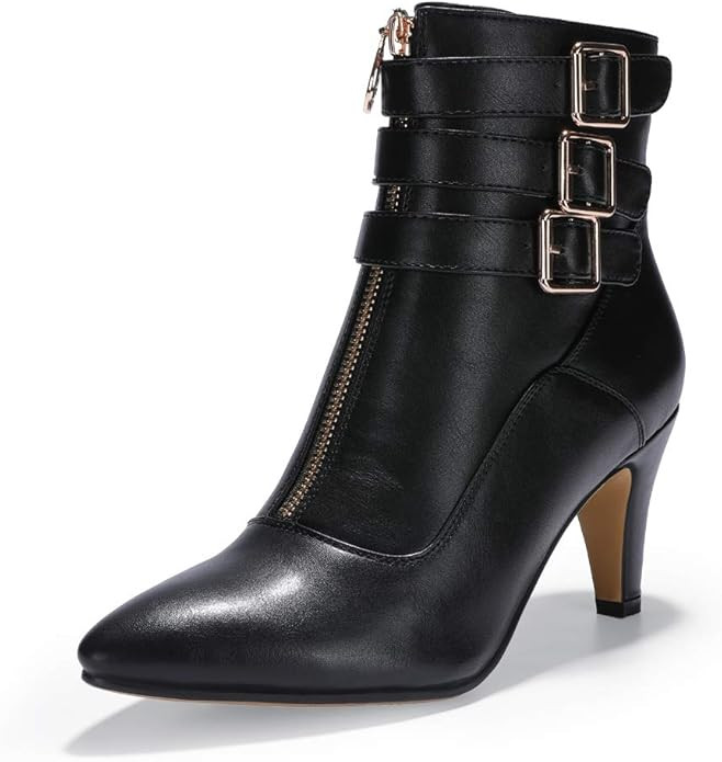 IDIFU Women's Buckle Strap Ankle Booties 3 Inch Pointed Toe Zipper Heels Dress Jeans Boots | Amazon (US)