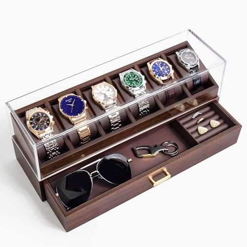 KAMIER Watch Box for Men - 360° Watch Display Case, 6 Slot Watch Holder Organizer with Drawer for Men Jewelry Sunglasses Storage, Elegant Wooden Watch Gift Box for Anniversary Birthday, Walnut | Amazon (US)