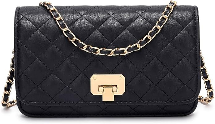 Women Black Quilted Purse Clutch Small Crossbody Shoulder Bag with Chain Strap Leather | Amazon (US)