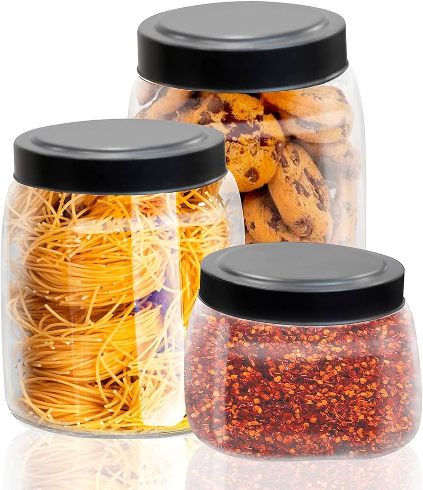 Kitchen Storage Jars Set of 3 – Variety Pack Square Glass Jars with Metal Lids – Durable Cani... | Amazon (US)
