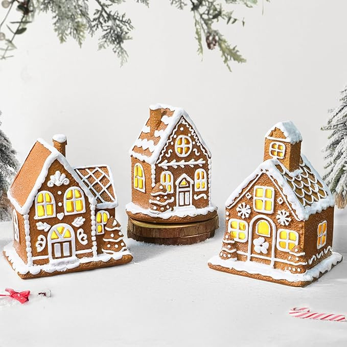 Resin Christmas Decorations: 3Pcs Light-Up Gingerbread House Christmas Village Collectible Figuri... | Amazon (US)