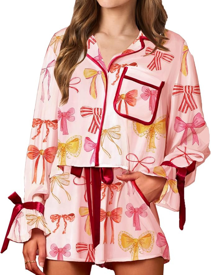 Women's Stripe Satin Pajamas Set Long Sleeve Button-Down Sleepwear Heart Print Shorts Lounge Set | Amazon (US)