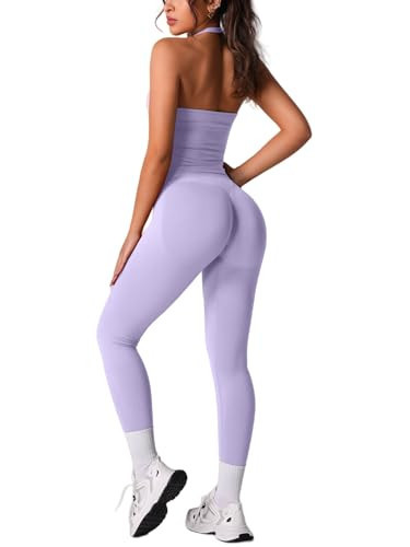 ABOCIW Workout Sets for Women Seamless Scrunch Butt Lifting Impact Leggings High Waist Yoga Pants Halter Longline Sports Bra 2 Piece Gym Sets Longline Lilac X-Small | Amazon (US)
