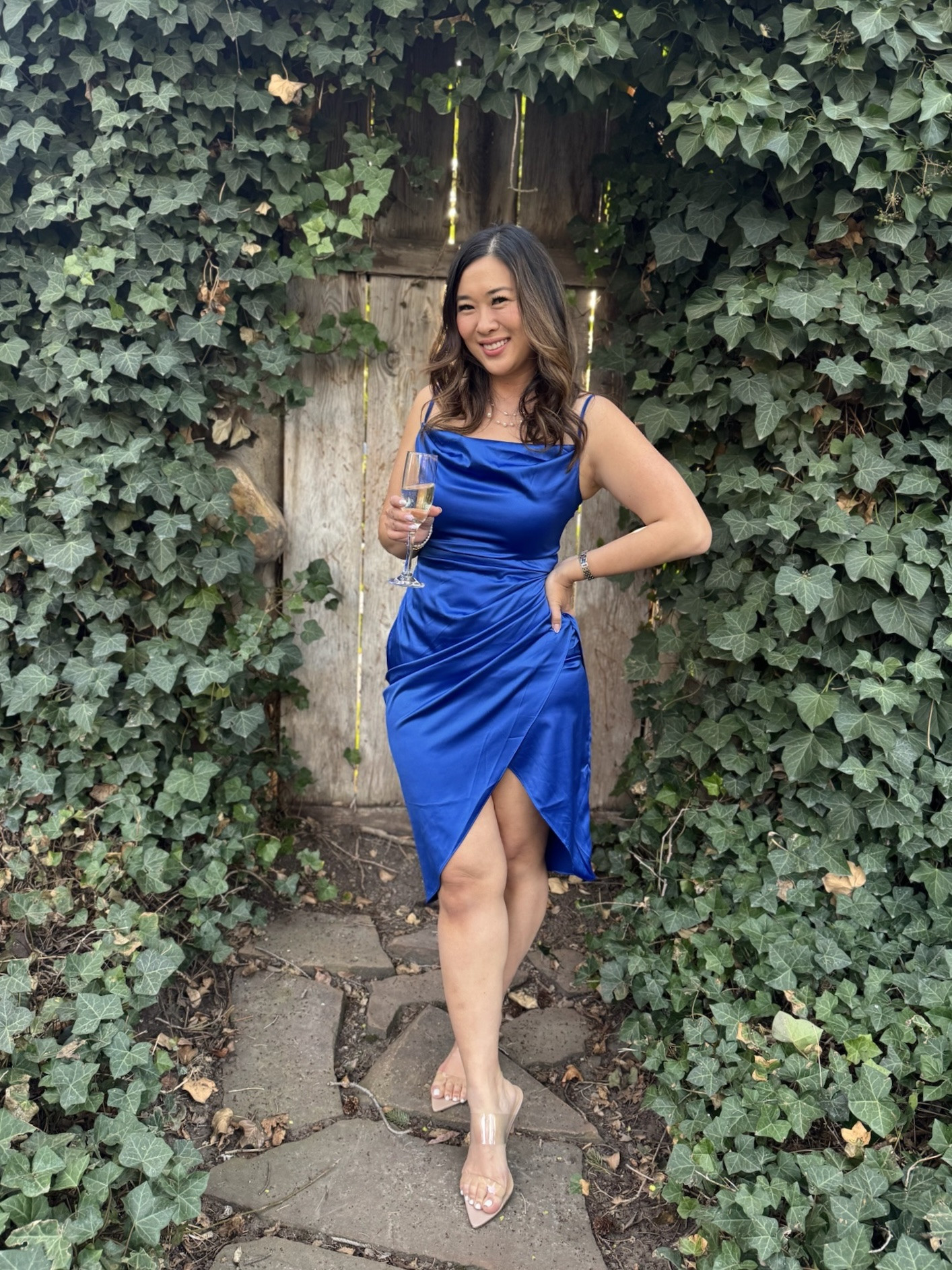 My blue satin dress, love how flattering it is! I am wearing a Medium.