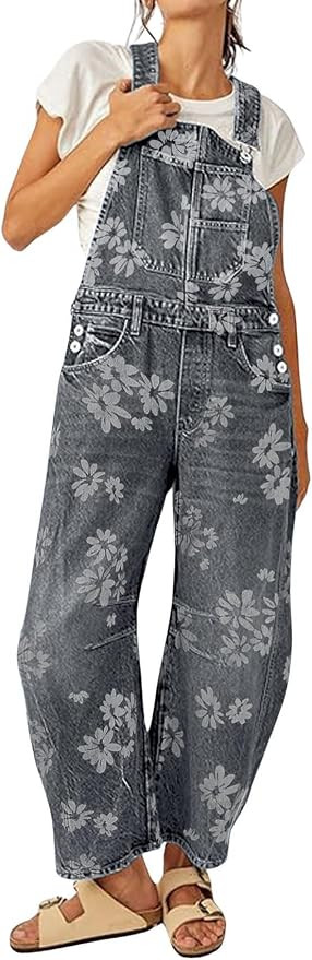 Women Floral Print Denim Overalls Baggy Barrel Jeans Patchwork Denim Pants Y2k Straps Wide Leg Ju... | Amazon (US)