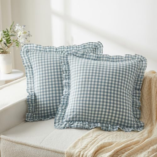 KKJIAF 2 Pcs Ruffle Gingham Pillow Covers 20" x 20", Dusty Blue Plaid | Amazon (US)