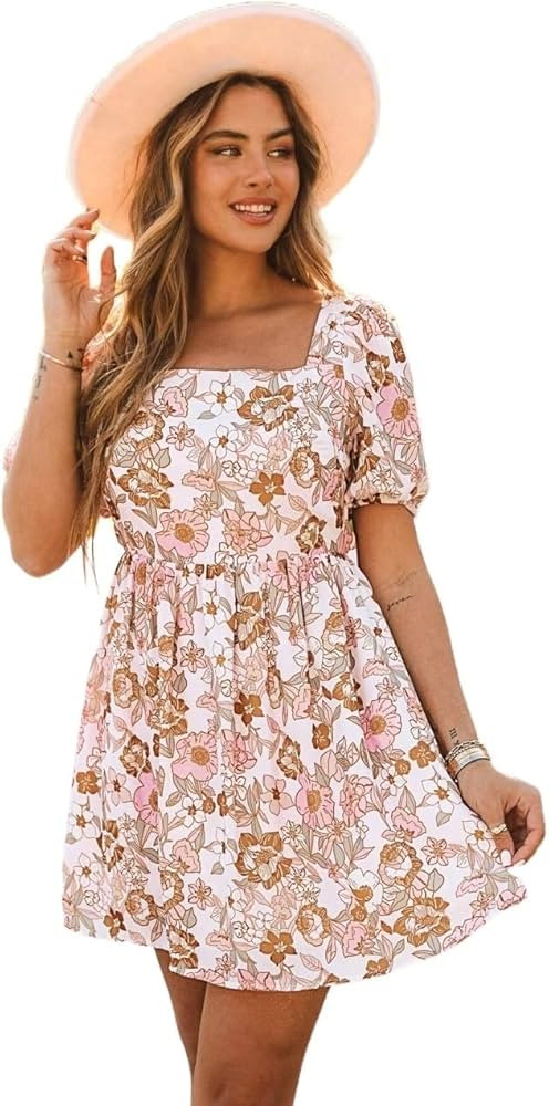 Dresses for Women 2023 Summer Short Sleeve Floral Print Tie Backless High Waist Puff Sleeve Dress... | Amazon (US)