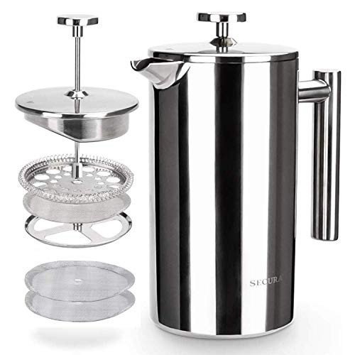 Secura French Press Coffee Maker, 304 Grade Stainless Steel Insulated Coffee Press with 2 Extra Screens, 34oz (1 Litre), Silver | Amazon (US)
