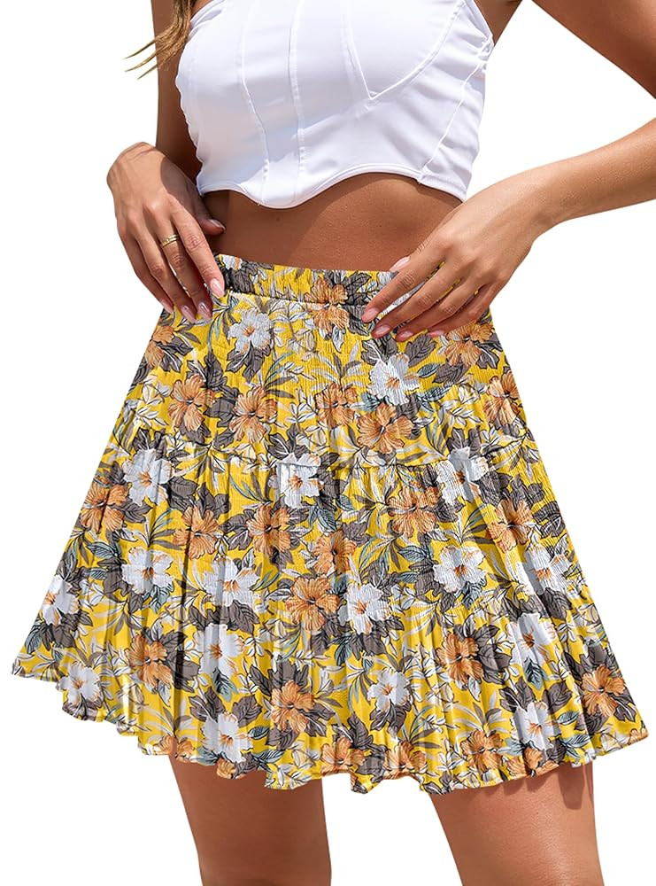 CYiNu Short Skirts for Women Summer Boho Flowy A Line Chiffon Tiered Pleated Mini Skirt | Amazon (US)