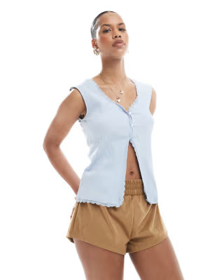 Pieces lace trim ribbed sleeveless top with button front detail in hydrangea blue | ASOS (Global)