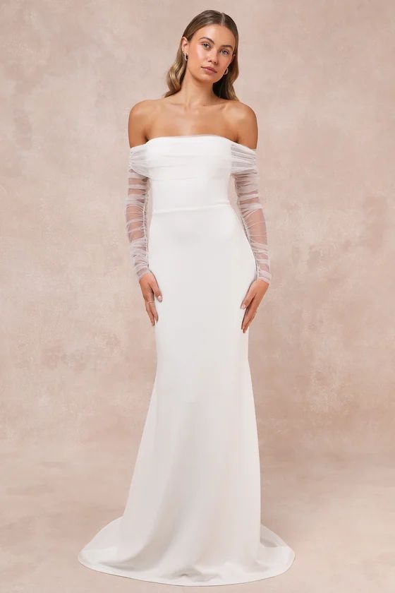 White Mesh Off-the-Shoulder Maxi Dress | White Bridal Dress | Bride Outfits | Lulus