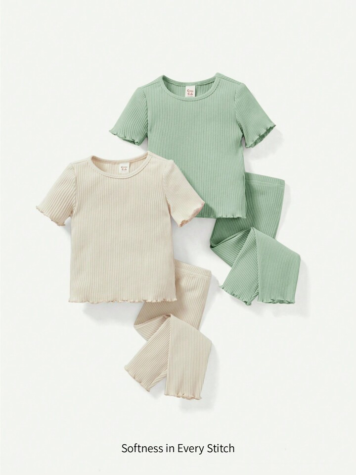 Cozy Cub Baby Girl Solid Color Round Neck Short Sleeve Top & Long Pants With Ruffle Hem Four-Piec... | SHEIN