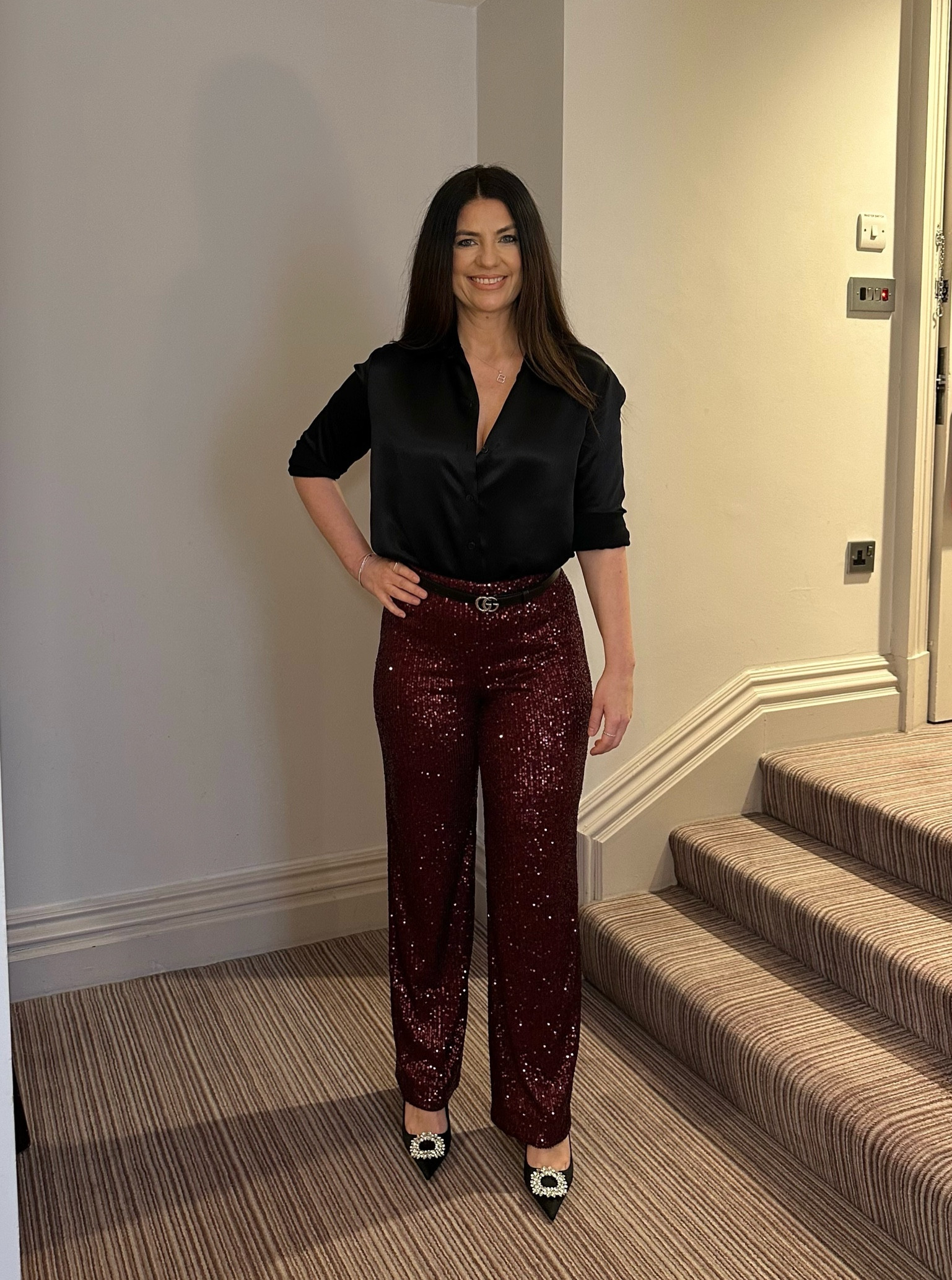 H&m, Zara, Mango, Gucci, Farfetch, Asos, transitional outfit, transitional style, sequin trousers, red trousers, sequinned wide leg trousers, satin shirt, black satin top, black pumps, black heels, Gucci belt, evening outfit, party outfit, style inspiration 

#LTKstyletip #LTKeurope #LTKSeasonal