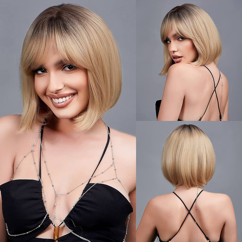 EMMOR Blonde Bob Wig with Bangs 13" Short Bob Wigs for Women Short Blonde Wig with Dark Roots Hea... | Amazon (US)