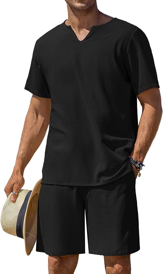 COOFANDY Men's 2 Pieces Cotton Linen Set Short Sleeve Henley Shirts Casual Beach Shorts Summer Yo... | Amazon (US)