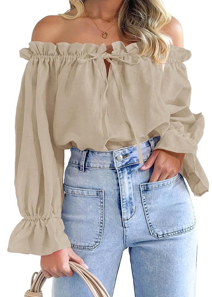 Imily Bela Womens Off The Shoulder Tops Puff Long Sleeve Tie Front Loose Fit Ruffle Shirts Blouse... | Amazon (US)