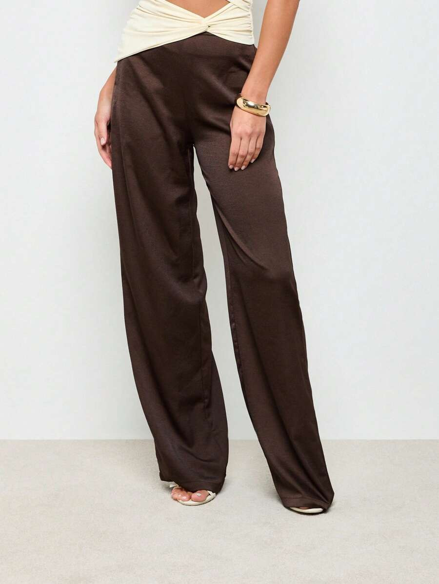AiiRZ Bias Satin Flared Trousers Work Pants | SHEIN