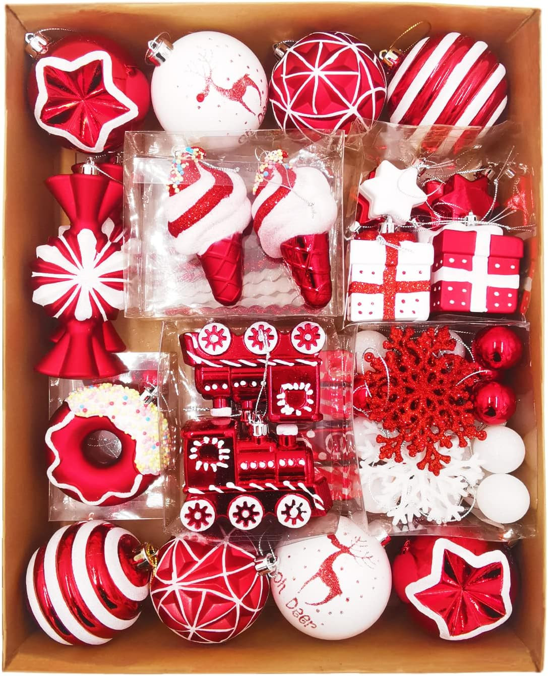 Christmas Tree Ball Ornaments Set, 70 ct Classical Red White Candy Train Theme Xmas Assorted Orna... | Amazon (US)