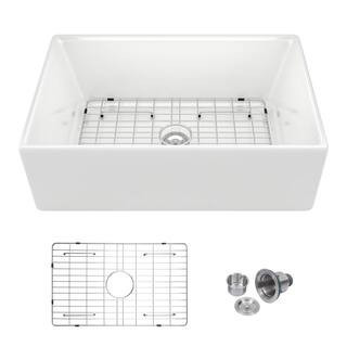 White Ceramic 30 in. Single Bowl Round Corner Farmhouse Apron Kitchen Sink with Bottom Grid | The Home Depot
