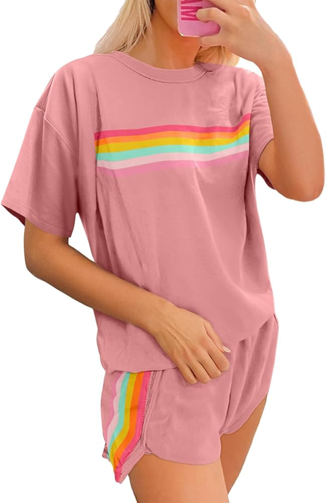 SHEWIN Womens Two Piece Lounge Sets Casual Short Sleeve Pullover Tops Matching Runner Shorts Cozy... | Amazon (US)