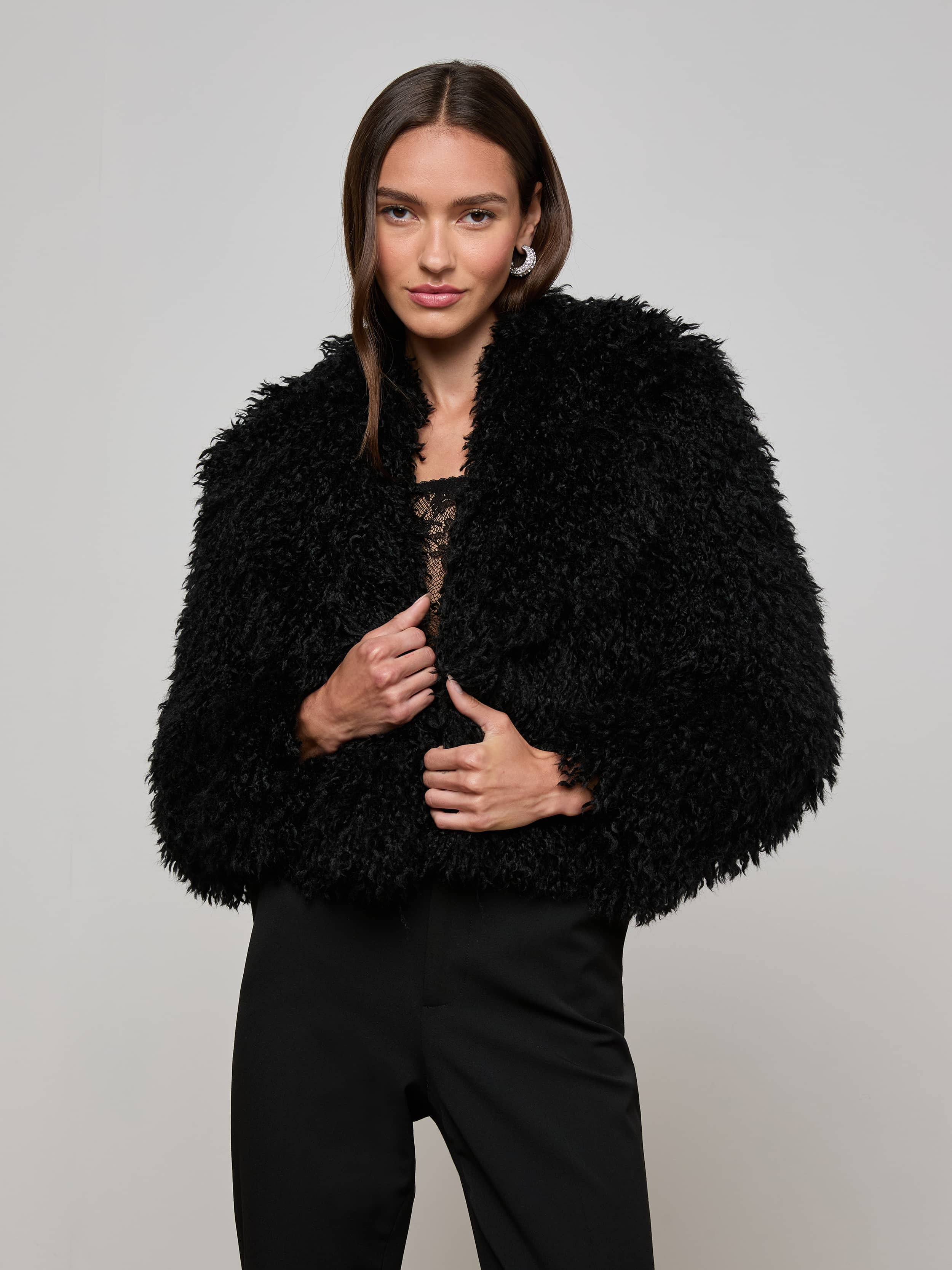 Aura Cropped Faux Fur Jacket in Black | L'AGENCE | L'Agence