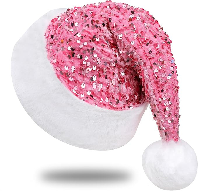 Sequin Santa Hat for Adults with Shiny Sequin and Fluffy Pompom, Party Hat for New Year Xmas Fest... | Amazon (US)
