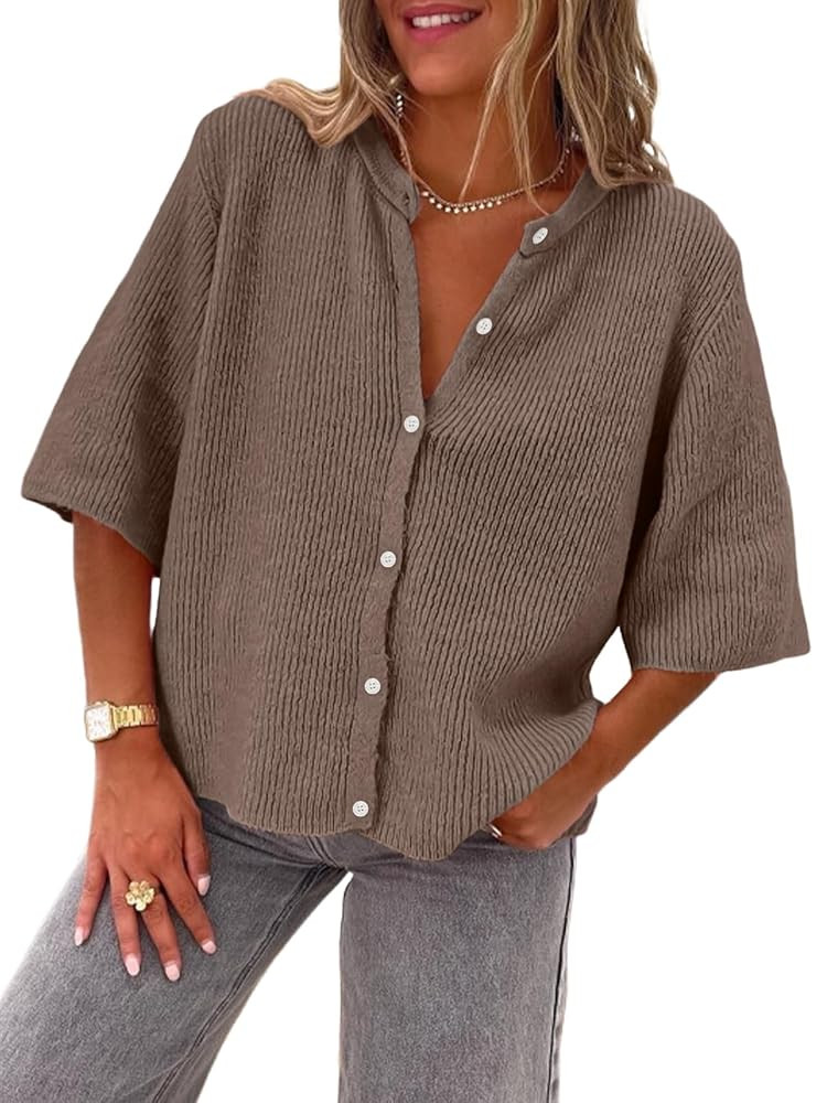 LILLUSORY Short Sleeve Cardigan Sweaters for Women 2025 Summer Cropped Button Up Sweater Tops Cas... | Amazon (US)