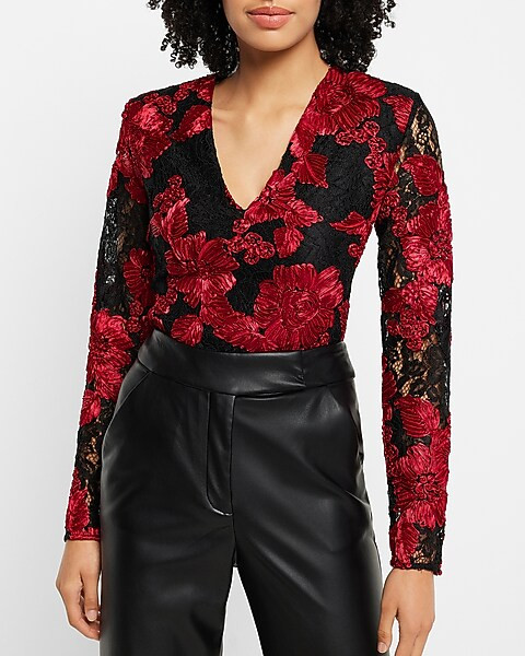 Lace Embroidered V-Neck Long Sleeve Thong Bodysuit | Express