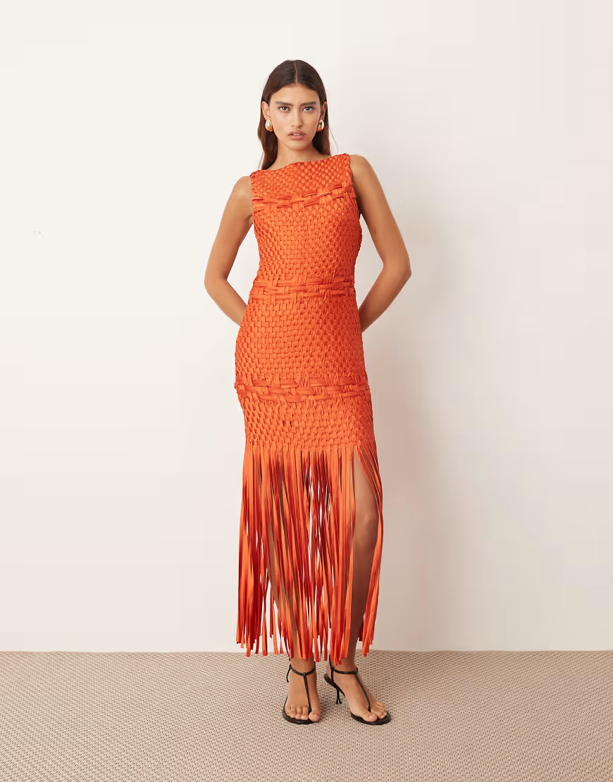 ARRANGE lattice handwoven fringe hem midi dress in orange-Red | ASOS (Global)