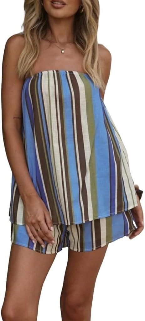 Two Piece Sets for Women Summer Floral Print Tube Top and Shorts Vacation Clothes | Amazon (US)