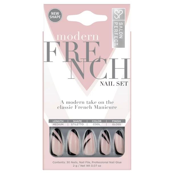 Salon Perfect Modern French Black Swirl Nail Set, File & Glue Included, 30 Pieces - Walmart.com | Walmart (US)