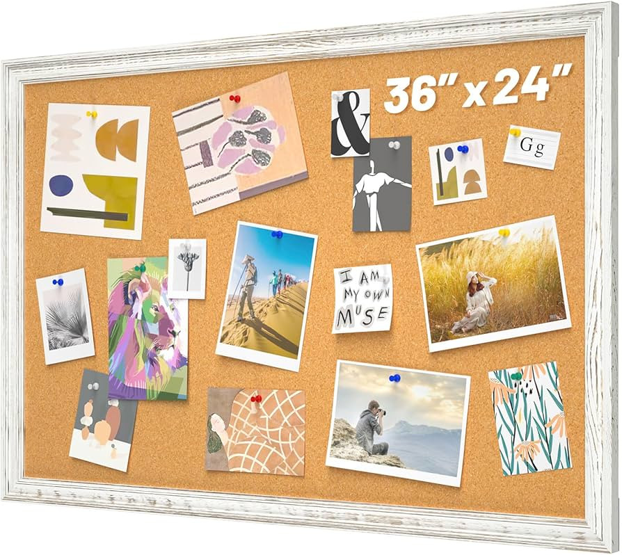 White Cork Board for Wall, 36 x 24 inches Decorative Bulletin Board, Rustic Wooden Frame Pin Boar... | Amazon (US)