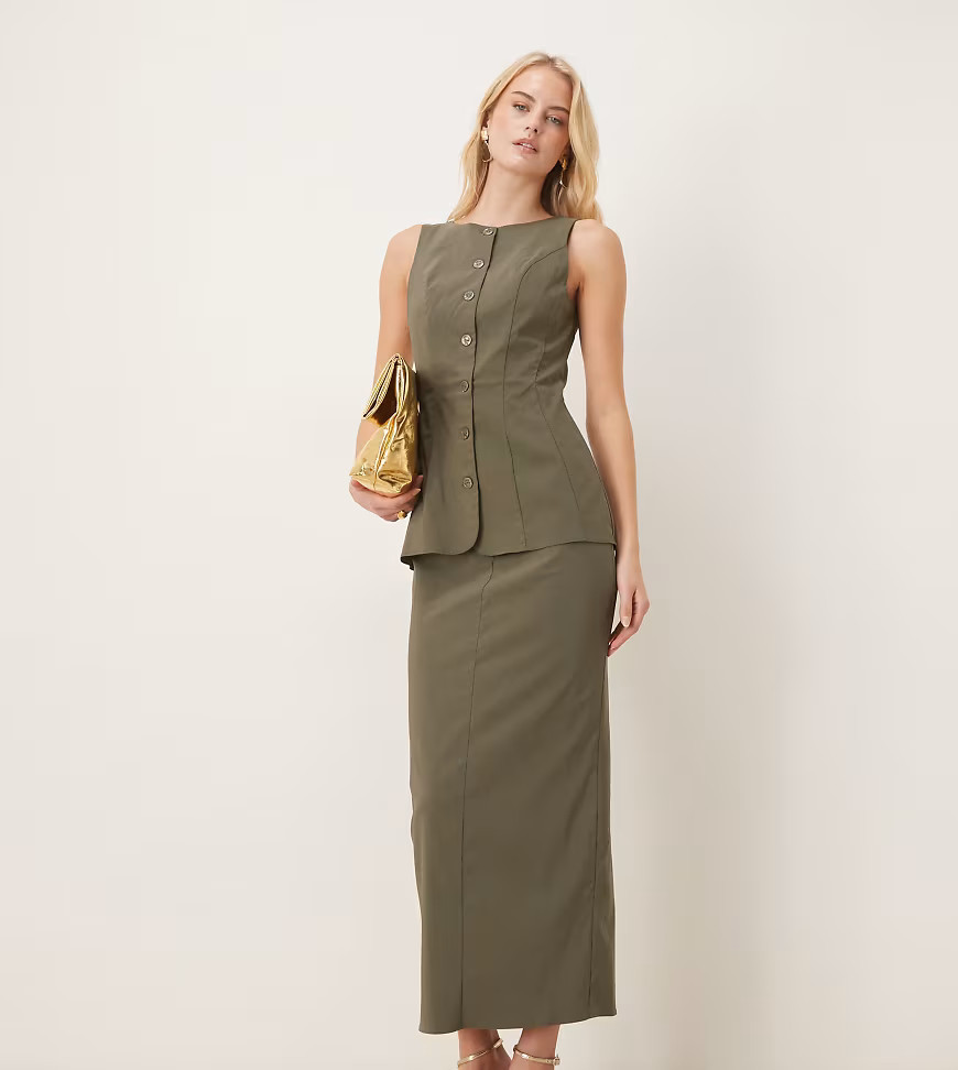 ASOS DESIGN Tall slash neck button down midi dress in olive-Green | ASOS (Global)